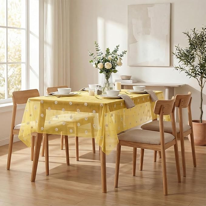 Horaldaily Yellow Embroidery Daisy Spring Summer Gauze Tablecloth 60×104 Inch Rectangular, Seasonal Tulle Table Cover, Garden Party Decorations for Wedding, Party, Holiday Dining