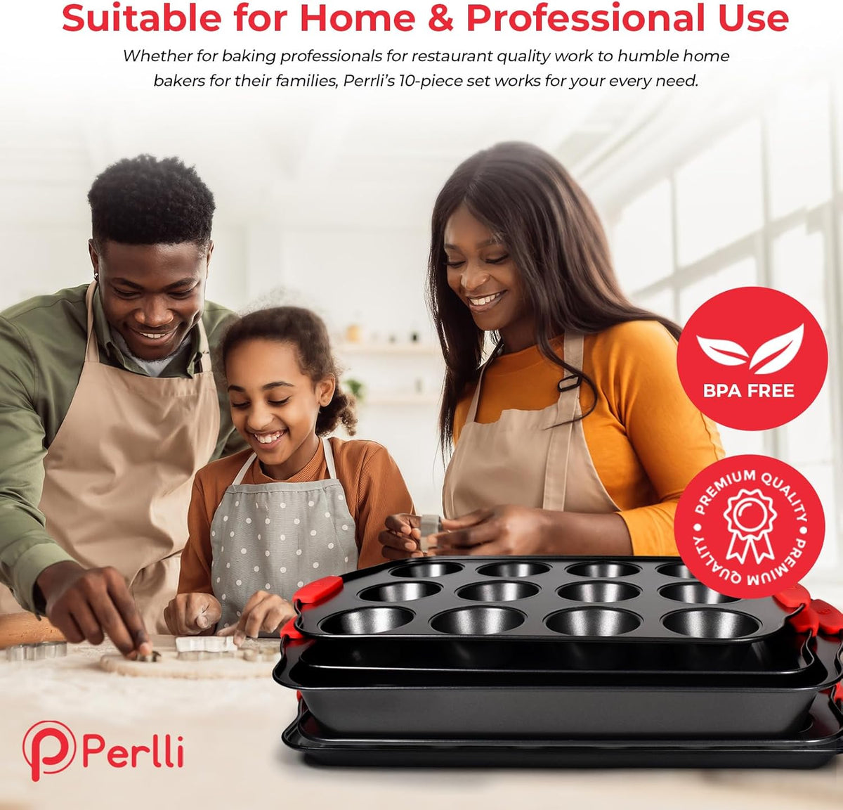 Perlli Non-Stick 10-Piece Baking Pan Set, BPA-Free Carbon Steel Bakeware Set with Silicone Handles, Stackable Kitchen Oven Set, Cookie Sheet