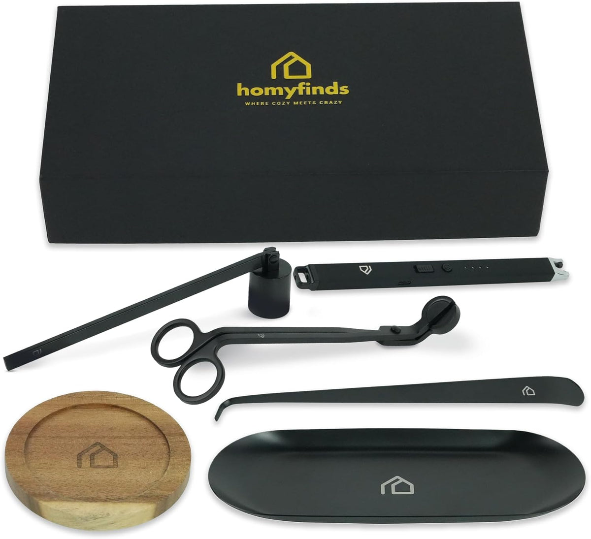 Candle Accessory Set 5 in 1 Candle Care Kit with Wick Trimmer, Dipper, Snuffer, Rechargeable Candle Lighter & Metal Tray – Luxury Gift Box for Candle Lovers (Matte Black)