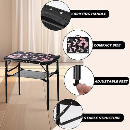 YihuiKo Small Camping Table, Vintage French Butterflies Pattern Folding Table, Adjustable Height, Lightweight & Portable Outdoor Picnic Table with Carry Handle for Patio, Living Room, Travel