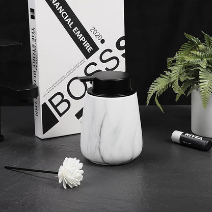 12Oz Ceramic Liquid Soap Dispenser - Modern Lotion Hand Soap Dispenser with Easy-to-Press Black Pump, Reusable and Refillable Dish Soap Dispensers for Bathroom & Kitchen, Marble White