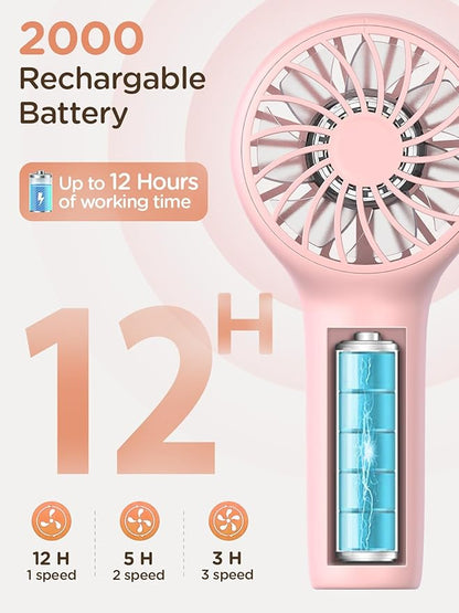 EasyAcc Mini Portable Fan Handheld, Lash Fan [12H Max Cooling Time] 3 Speed USB C Rechargeable Battery Pocket Personal Make up with Lanyard for Girls Women Travel Pink