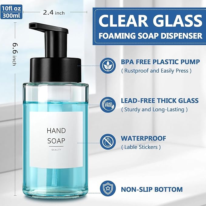 RYTOXILO Foaming Soap Dispenser, 10 oz/300ml Foaming Hand Soap Dispenser, 2 Pack Glass Foaming Soap Dispenser for Bathroom Kitchen, Clear Refillable Foam Soap Dispenser Bottle with Waterproof Labels