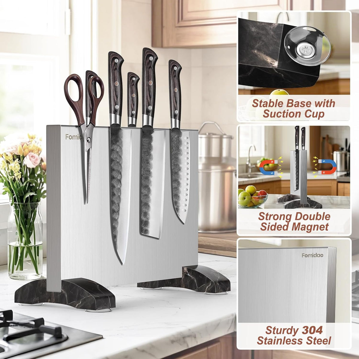 Magnetic Knife Block,Stainless Steel Magnetic Knife Holder Stand for Kitchen Counter,Strong Double Sided Magnet Knife Storage Rack