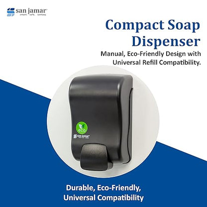 San Jamar Rely Manual Soap Dispenser, Hand Sanitizer Dispenser with Universal Compatibility for Home, Bathroom, Kitchen, Restrooms, Restaurants, Plastic, 900 Ml, Black Pearl