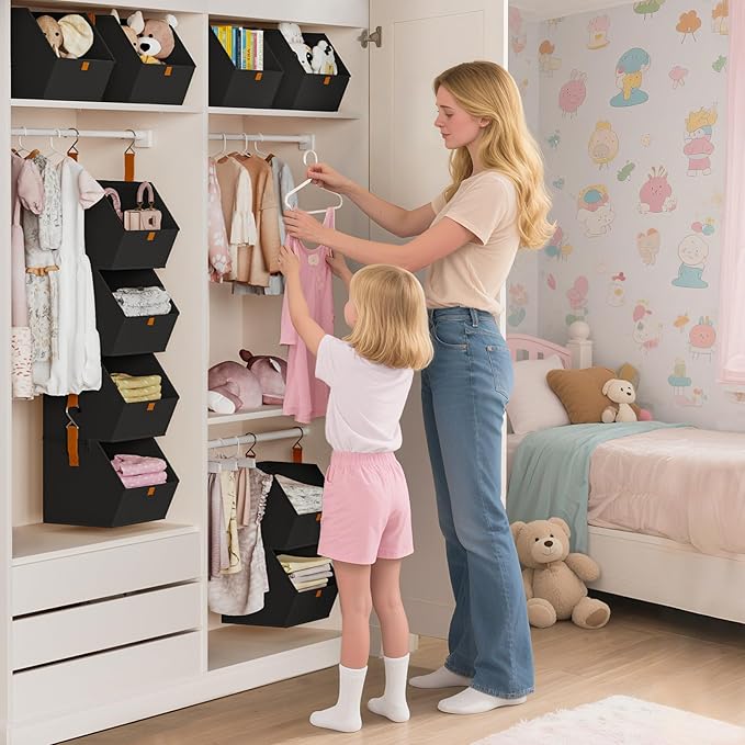 Homsorout Hanging Closet Organizer 4 Tier - Clothes Hanging Shelves, Space-Saving Closet System, Fabric Storage Bins Bedroom Organization, Collapsible Baskets for Home, Dorm, Rv, Black