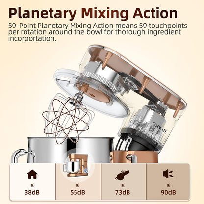 COOKLEE Stand Mixer, 9.5 Qt. 660W 10-Speed Electric Kitchen Mixer with Dishwasher-Safe Dough Hooks, Flat Beaters, Wire Whip & Pouring Shield Attachments for Most Home Cooks, Champagne