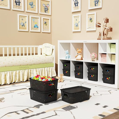ORGIDOL Plastic Storage Basket with Lids 10 Pack Stackable Black Storage Bins Containers with Lid, Decorative Storage Boxes for Organizing Shelves, Drawers, Playroom, Classroom, Office, Closet