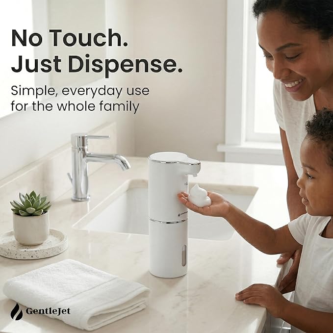 GentleJet JetFoam Automatic Foam Soap Dispenser – Touchless Sensor, USB-C Rechargeable, Adjustable Output, IPX5 Waterproof, 300 ml, Bathroom & Kitchen Countertop