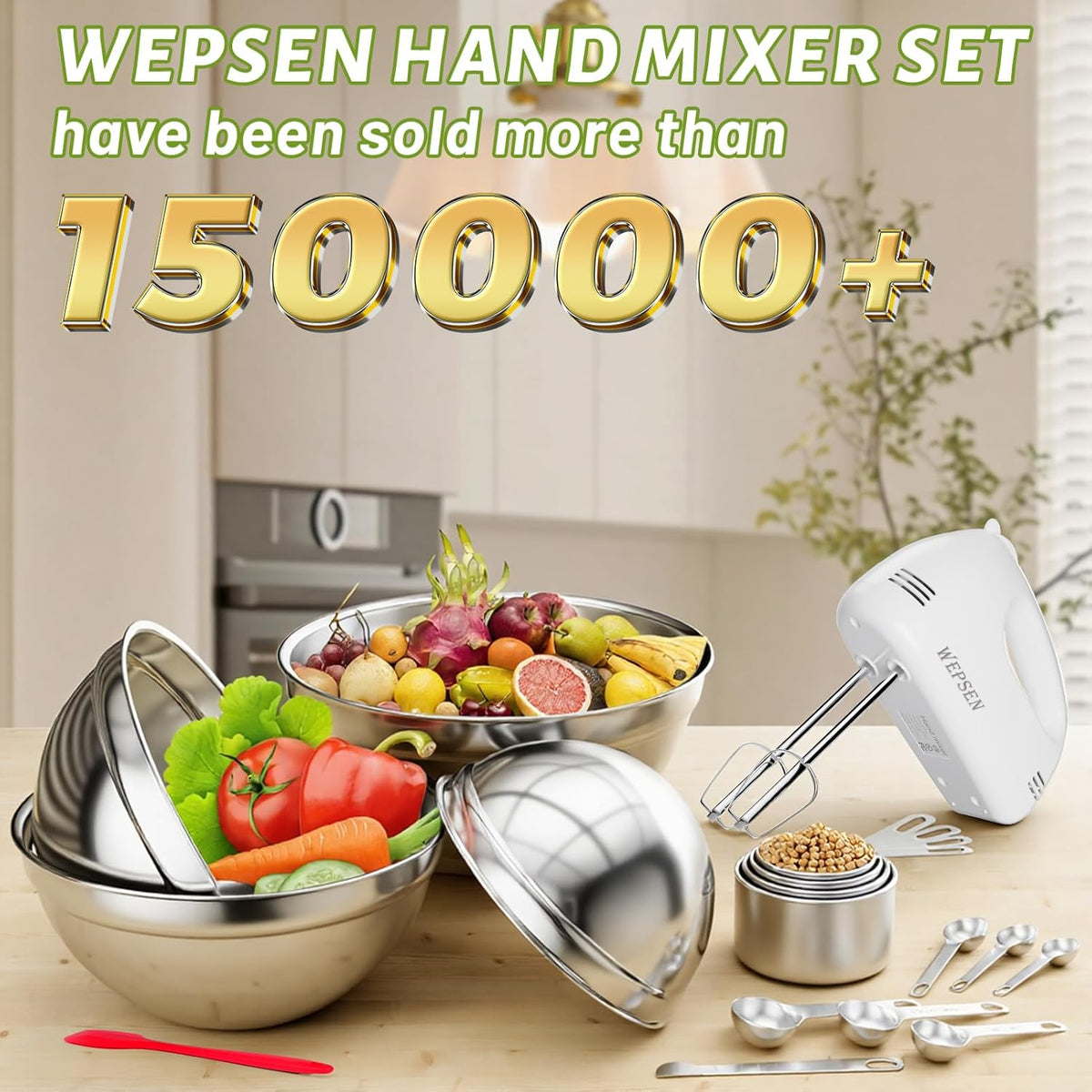 5-Speed Electric Hand Mixer, 4 Large Mixing Bowls Set, Handheld Mixers with Whisks Beater