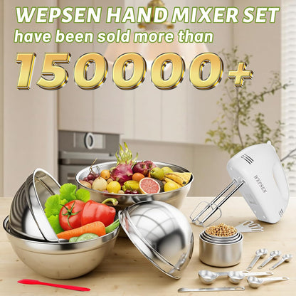 5-Speed Electric Hand Mixer, 4 Large Mixing Bowls Set, Handheld Mixers with Whisks Beater