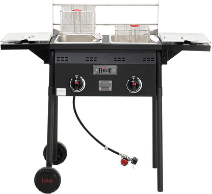 Outdoor Propane Deep Fryer,Dual Tank with Dual Independent Cast Iron Burners and Thermometers,Removable Fryer Pot,Baskets & Lids, Movable Propane Fryer Cart with Regulathor,50000 BTU