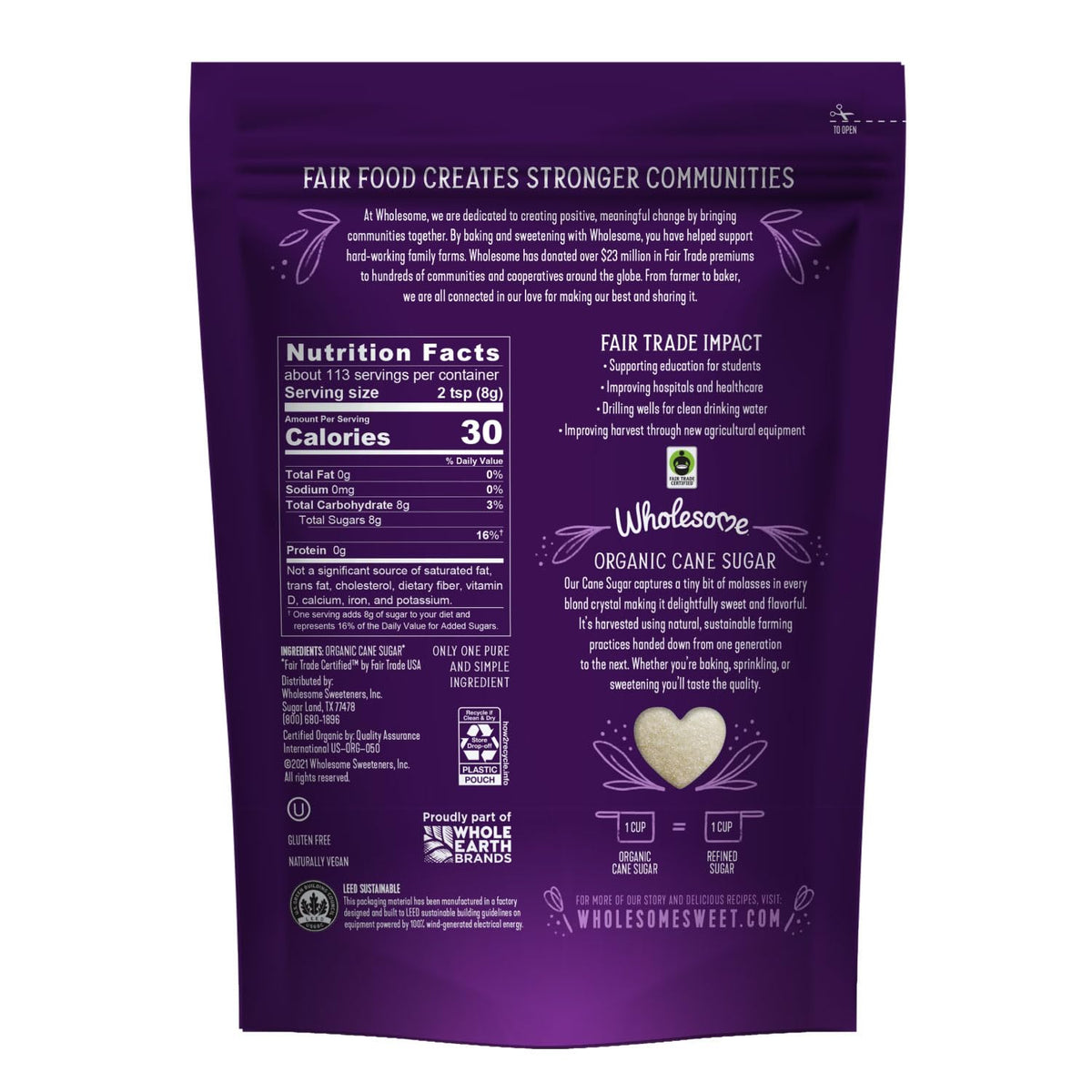 Wholesome Sweeteners 32-Ounce Organic Cane Sugar, Fair Trade, Non GMO, Gluten Free, Pure & Vegan, for Baking and Sweetening, 1 Pack
