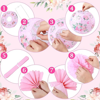 Rossesay 31 Pcs Tea Party Decorations Lanterns and Poms for Spring Fancy Party Decor 9 Flower Lantern 9 Tissue Bloom Poms 12 Butterfly Thread for Tea Garden Floral Birthday Wedding Bridal Shower