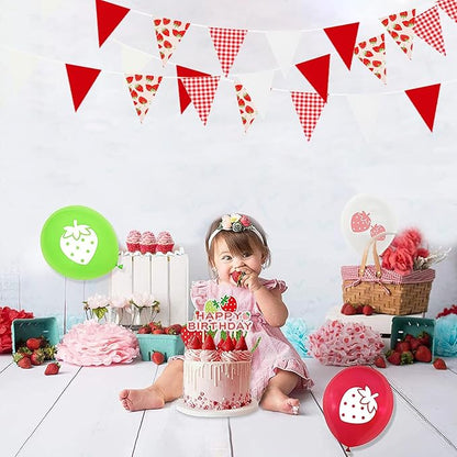 Zwiebeco 39Ft Red White Strawberry Fabric Bunting Banner Triangle Flags Party Decorations Hanging Cotton Garland Pennant for Engagement Wedding Baby Shower Birthday Home Outdoor Garden Party Decor