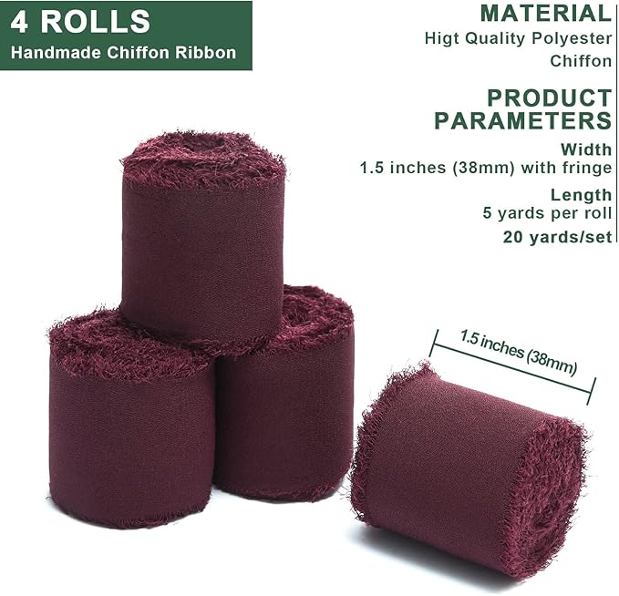 4 Rolls Burgundy Handmade Fringe Chiffon Silk Ribbon 1.5" W x 5Yd Per Roll,Frayed Edges Ribbon Set for Gifts Wrapping,Wedding Invitations,Bouquets,DIY Crafts (1.5" x20Yd, Burgundy)