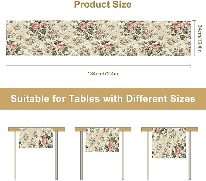 Rose Floral Table Runner,Vintage Watercolor Spring Summer Seasons Flowers Table Decoration for Wedding Holiday Indoor Outdoor Home Party 13x108in
