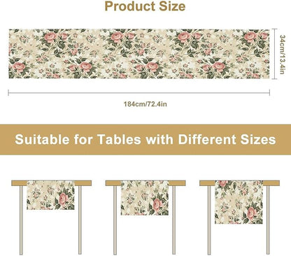 Rose Floral Table Runner,Vintage Watercolor Spring Summer Seasons Flowers Table Decoration for Wedding Holiday Indoor Outdoor Home Party 13x108in