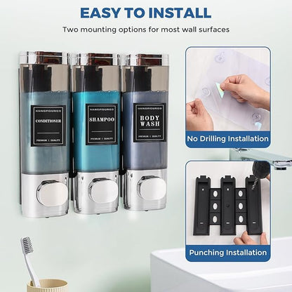 Shampoo and Conditioner Dispenser, No Drill 3 Chamber Shower Soap Dispenser, Wall Mount Refillable Shampoo Conditioner Body Wash Dispenser for Bedroom Hotel