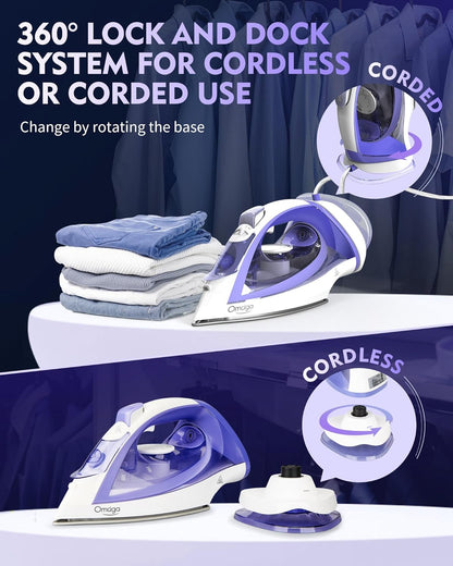 Cordless Iron for Clothes, 1550W 2-In-1 Cordless/Corded Steam Iron Rapid Heating, Ceramic Soleplate, 3-Way Auto-Off, Self-Cleaning, 12.85oz Water Tank Ironing Clothes for Home, Purple