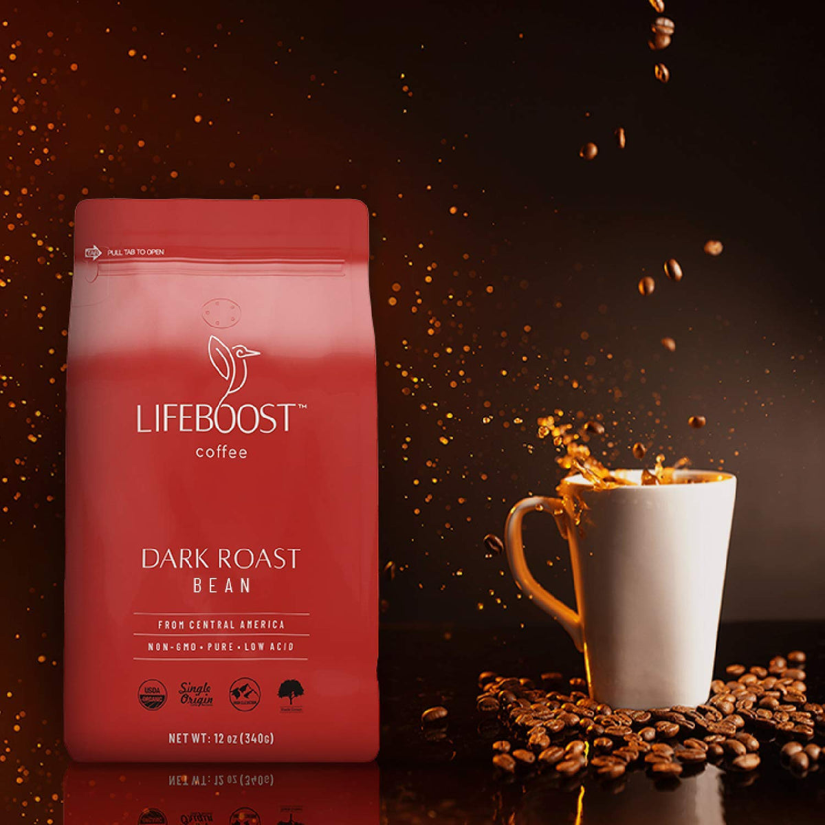 Lifeboost Dark Roast Low Acid Coffee Beans, Organic, 12oz, 3 Pack