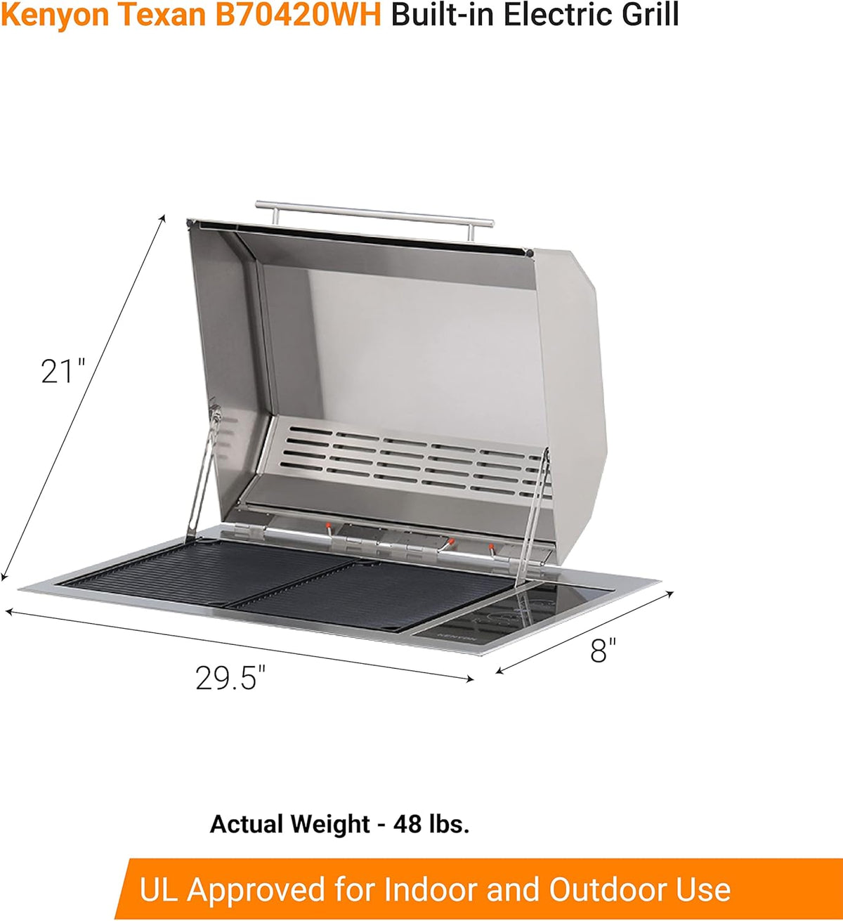 Kenyon Texan Built-In Electric Grill with Faceted Single Piece Lid and Standard Lite Touch Control, Stainless Steel Body, UL-Approved for Use Indoors and Outdoors, No-Flame Grill, 240 Volts