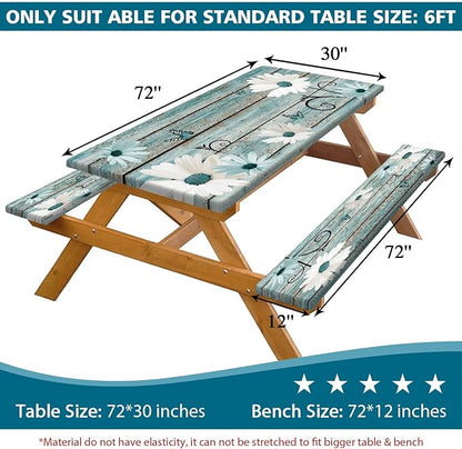 Rustic Daisy Picnic Table Cover with Bench Covers, Waterproof Farmhouse Vintage Floral on Wooden Board Teal Sunflowers Tablecloth for Camping Indoor Outdoor Party Decorations, 30X72in