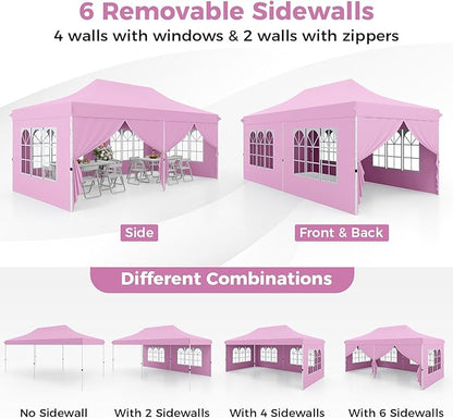 Tangkula 10x20 Ft Pop Up Canopy, UPF 50+ Portable Outdoor Canopy Tent with with 6 Removable Sidewalls, 6 Sandbags, 2 Zippered Door, Windows, Carrying Bag for Party, Wedding, Backyard
