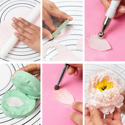 Kalaien Flower Silicone Mold, 10 Pcs Gumpaste Cutters, 2 Pcs Peony Petal Fondant Veining Molds for Sugarcraft Flower Decorating Mold