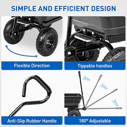 Yesker Garden Carts - 600lbs Dump Wagon with All Terrain Inflatable Wheels for Yard Lawn Farms Gardening - Heavy Duty Utility Outdoor Hauling Wheelbarrow