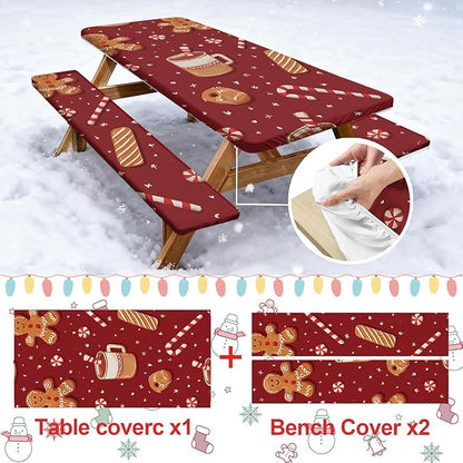 Picnic Table Cover with Bench Covers Set of 3, Elastic Fitted Tablecloth for 6 Foot Tables, Washable Polyester Tablecloths for Camping, Indoor & Outdoor