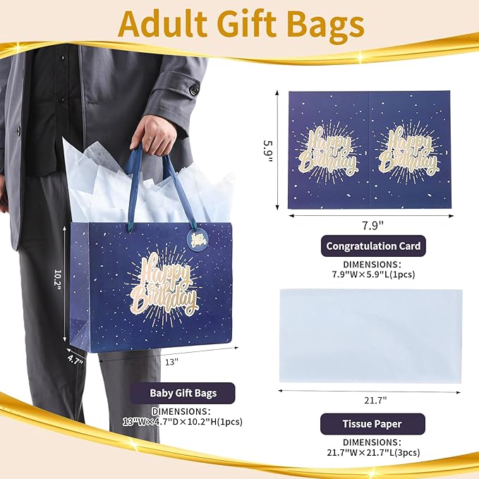 Powbrace 13" Blue Happy Birthday Gift Bag with Tissue Paper and Greeting Card for Party,Happy Birthday Gift Bag for Men Women, Gift Bags Medium size(2 PCS Blue)