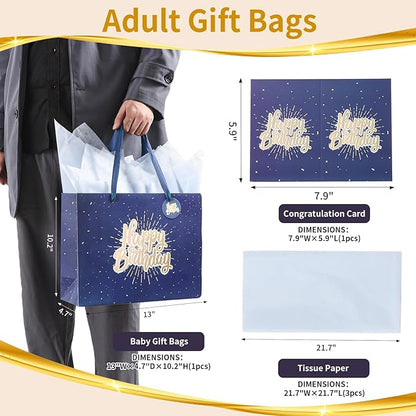 Powbrace 13" Blue Happy Birthday Gift Bag with Tissue Paper and Greeting Card for Party,Happy Birthday Gift Bag for Men Women, Gift Bags Medium size(2 PCS Blue)