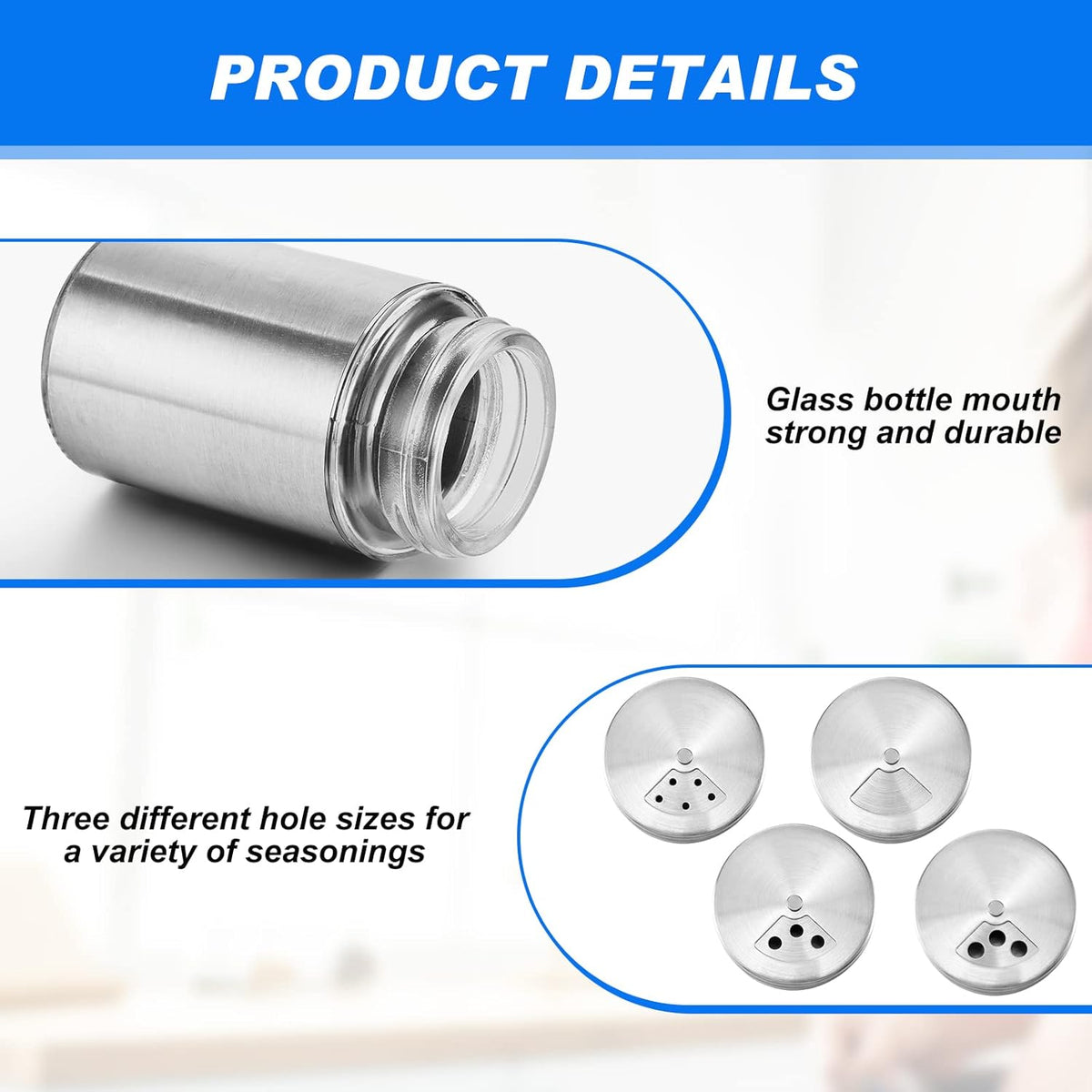 Dandat 12 Pcs Salt and Pepper Shakers Stainless Steel Spice Shakers with Adjustable Pour Holes and Glass Window 3.4oz Salt Dispenser Spice Jars with