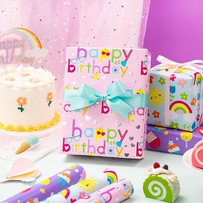 WRAPAHOLIC Girls Birthday Wrapping Paper Roll - 3 Short Rolls - 17 inch x 120 inch Per roll - Fantacy Pink and Purple Wrapping Paper for Kids Girls Birthday, Baby Shower