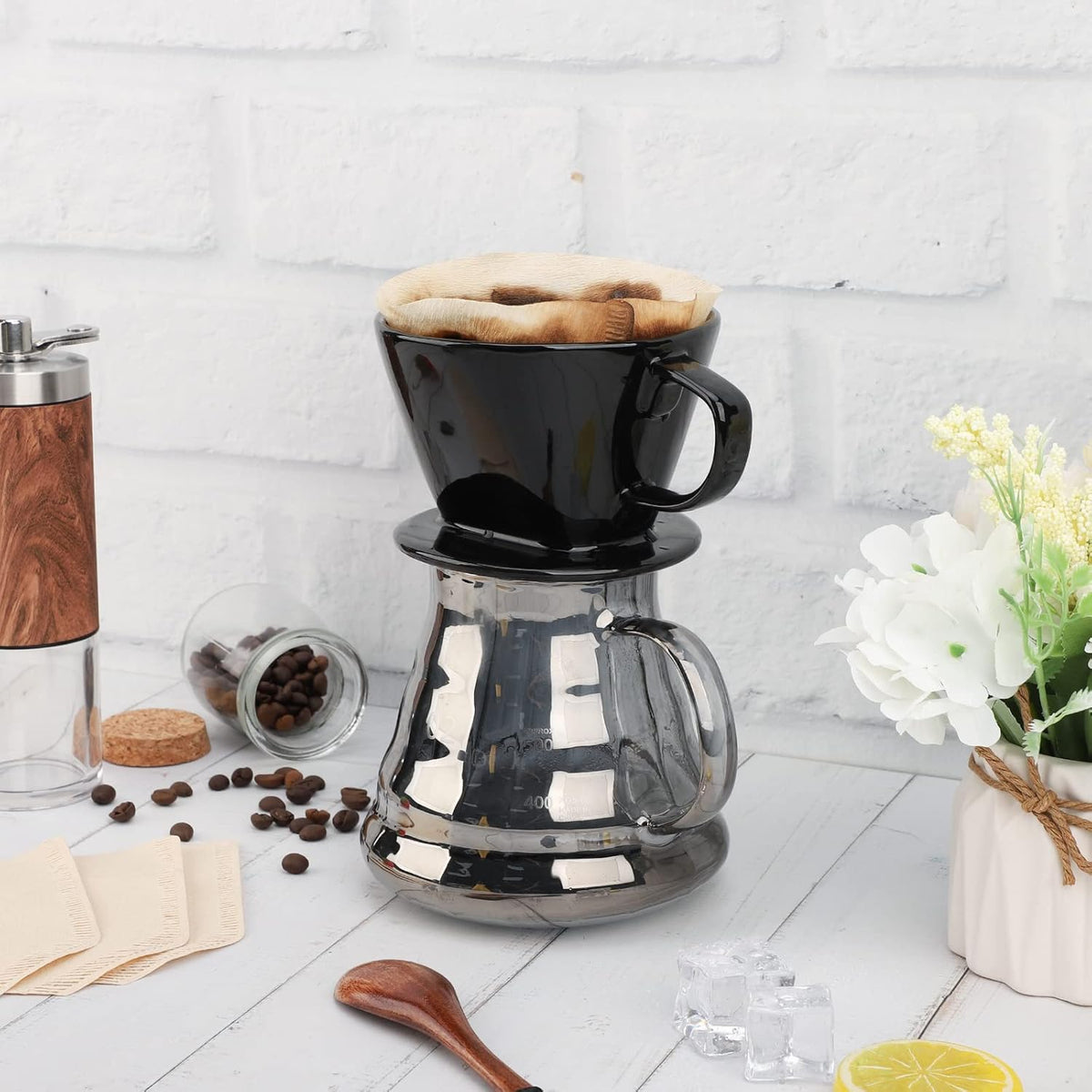 Segarty #2 Pour Over Coffee Maker, Single Cup Black Ceramic Coffee Dripper, 1 Set Size No.2 Reusable Filter Cone Drip Holder Slow Brewer with 3 Holes
