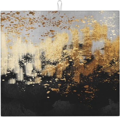 Black Gold Art Splash Dish Drying Mat for Kitchen Counter, Absorbent Microfiber Abstract Modern Drying Pad, 16 x 18 inch, Luxury Decorative Foldable Kitchen Mat for Sink &amp; Coffee Bar, Black Home Decor