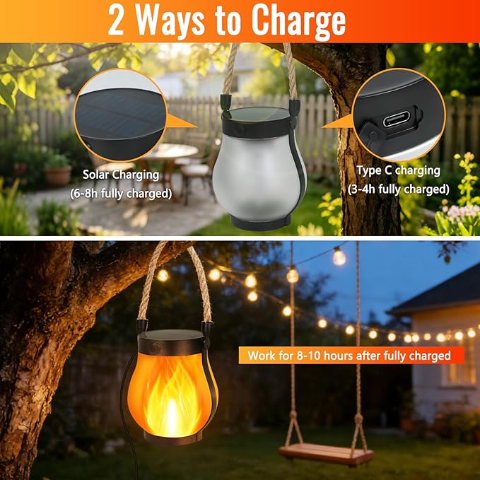 Solar Lanterns Outdoor Lights, 2 Pack Hanging Lantern with Flickering Flame, Hanging Lantern Decorative for Outside,Solar Powered Lanterns for Yard Patio Path Tree Garden Decor