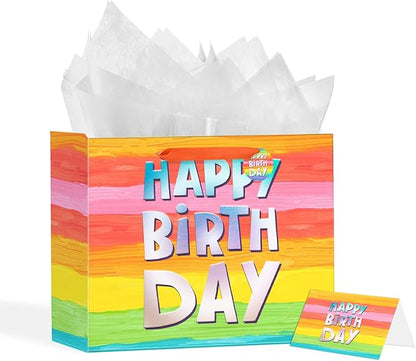 Powbrace 13" Colorful Happy Birthday Gift Bags with with Tissue Paper and Greeting Card for Party,Happy Birthday Gift Bag for Men Women,Gift Bags Medium size (1 PCS Colorful)
