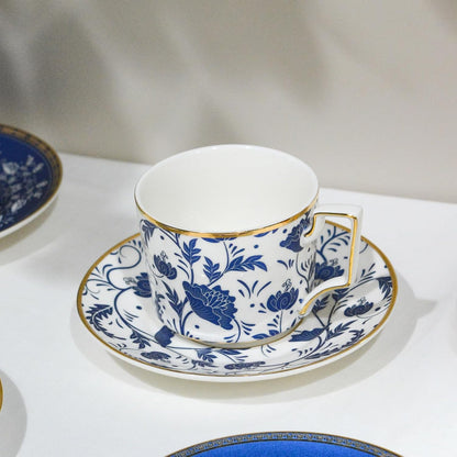ACMLIFE Bone China Tea Cups and Saucers Set of 4, 6.8 oz Blue and White Tea Cups Set of 4, with Gold Trim and Gift Box (Blue-4)