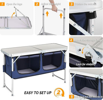 Outvita Portable Camping Table with Storage, Outdoor Aluminum Folding Camping Table with 3 Adjustable Height, Foldable Camp Tables for Backyards BBQ Party Picnic Beach Indoor, White