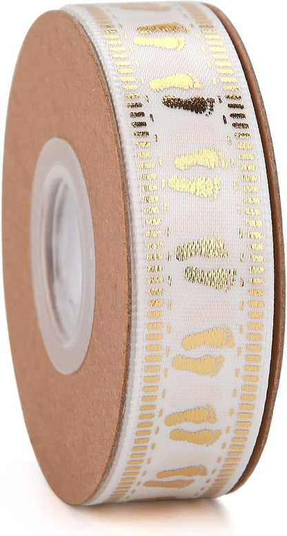 Meseey 20 Yards Welcome Baby Ribbon White and Gold Foot Print Ribbons for Crafts Cake Baby Shower Birthday,Gift Wrapping, Party Decoration (5/8", White-bs)