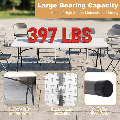 FDW 8FT Plastic Folding Table, Portable with Carrying Handle Perfect for Indoor, Outdoor, Party, Dining, Wedding, Events, Camping, White