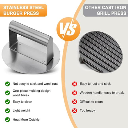 Stainless Steel Burger Press 6.2" Round Smash Burger Press- Pro Non-Stick Burger Smasher for Blackstone/Flat Top Grill, Perfect for Burgers, Bacon | Dishwasher Safe Grill Press