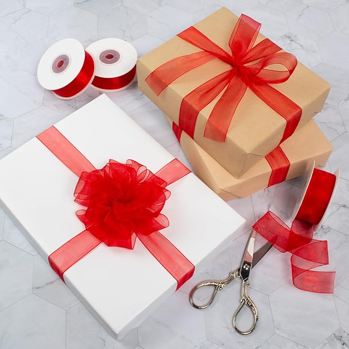 Red Organza Ribbon Red Sheer Ribbon 1 Inch x 75 Yds Clear Red Chiffon Tulle Ribbon Red Ribbon for Gift Wrapping Christmas Tree Flower Bouquet Wedding Invitations Wreaths Bows Crafts, MLU165-4R