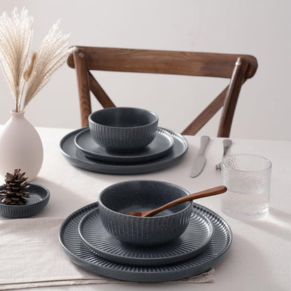 Famiware Starlight Dinnerware Sets, Plates and Bowls Dish Set of 8 (24 Pieces), Ribbed Textured Tableware - Dishwasher & Microwave Safe, Chip Resistant, Reactive Glaze, Matte Midnight Grey