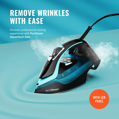PurSteam SteamTech Elite 1750W Steam Iron, Digital Temp Control & LED Display, Ceramic Soleplate, Adjustable Steam, Self-Clean, Anti-Calc, Anti-Drip, Auto Shut-Off