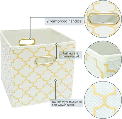 Fabric storage bins Cubes, Fabric Cube Organizer with Handle, Foldable Cube Bins for Cloth or Accessary Storage, 11x11x11, Set of 3, (Creamy-White Gold)
