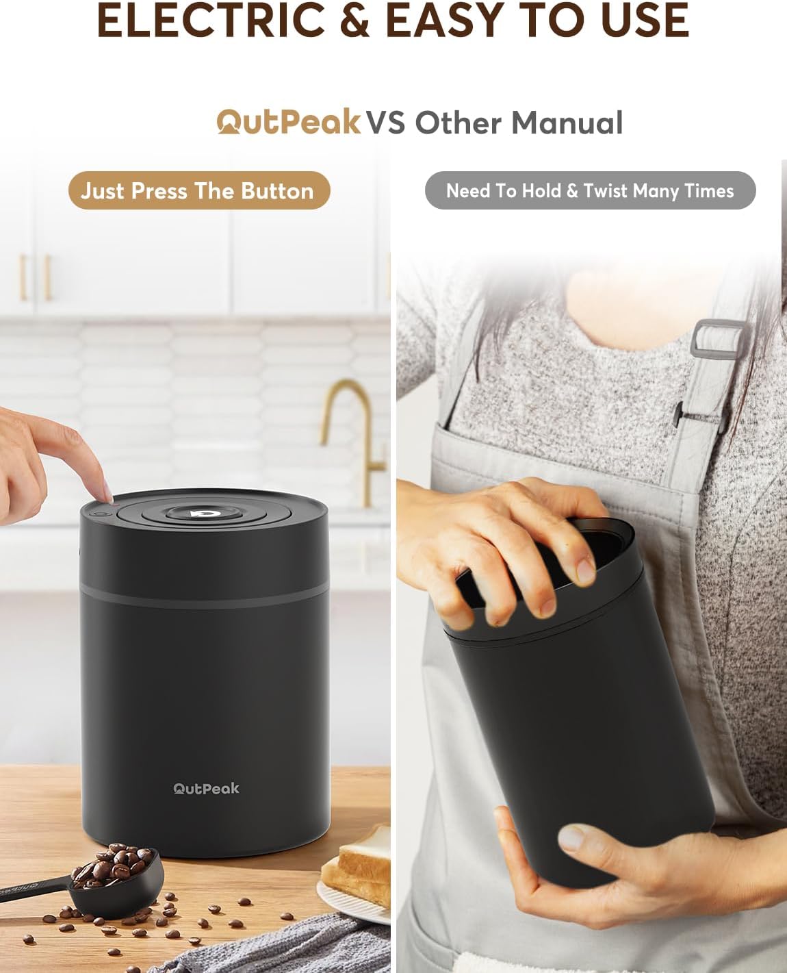 OUTPEAK Neo 2025 Auto Vacuum Coffee Canister, 0.75L for 8.8oz Coffee Beans, One-Button Operation, Small Airtight Coffee Canister with Scoop, Coffee Storage Container Clear Glass (Champion's Choice)