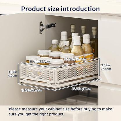 Pull Out Cabinet Organizer, No Drill Adhesive Sliding Drawers for Kitchen, Metal Mesh Wire Storage Shelf for Pantry & Under Sink, White (9.6" W x 15.7" D x 3.9" H)
